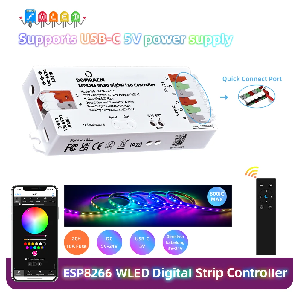 Domraem ESP8266 Wled Usb-c Addressable LED